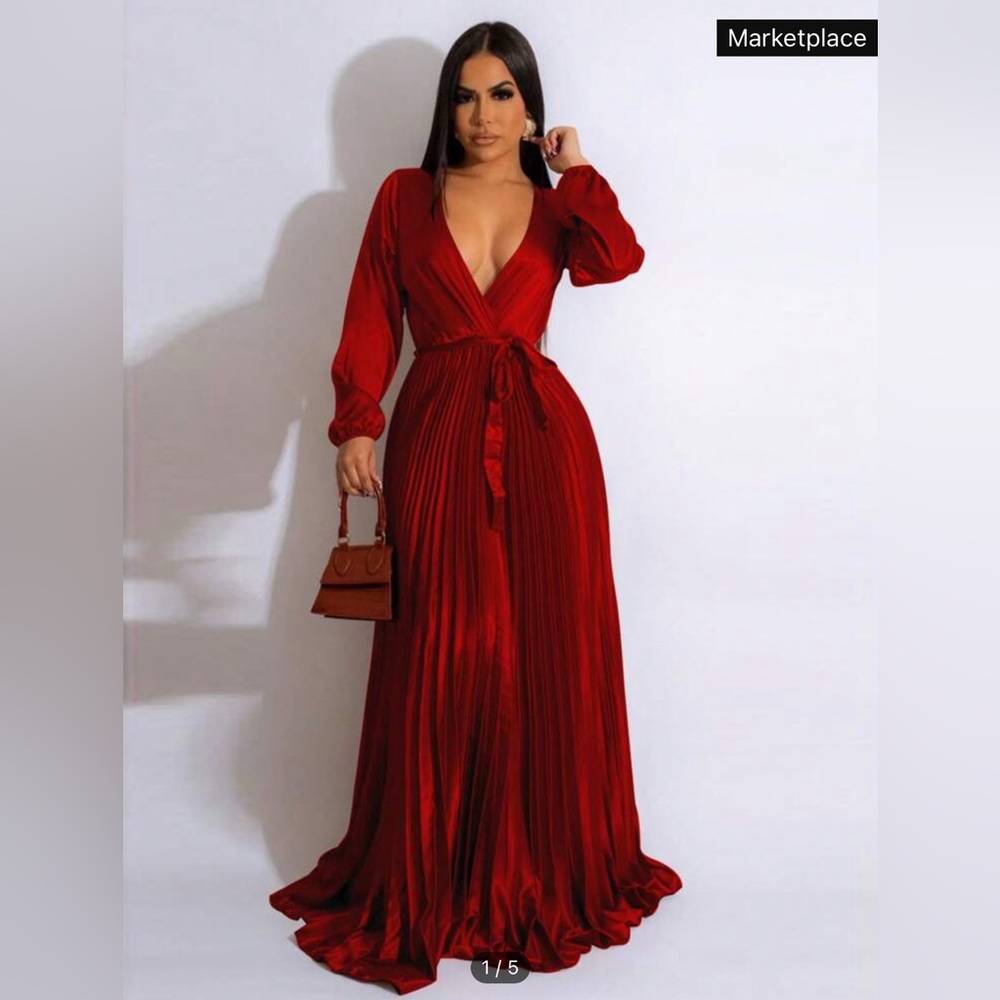 SHEIN - Women's Solid Color Surplice V-Neck Long Sleeve Pleated Hem Dress